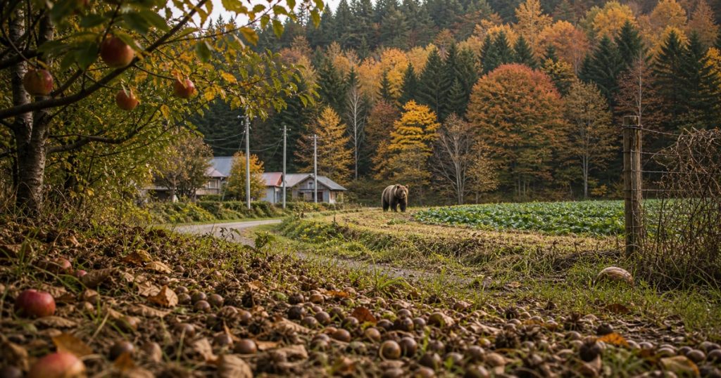 秋のヒグマが人里に近づく理由｜ドングリ・果実・冬眠前の食欲の内容を表す、ヒグマと人の距離感を安全に描いたアイキャッチ画像