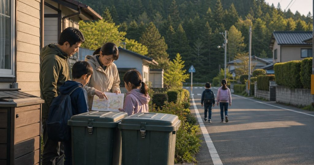 熊が出た地域で家庭ができること｜子ども・通学路・ゴミ管理の内容を表す、ヒグマと人の距離感を安全に描いたアイキャッチ画像