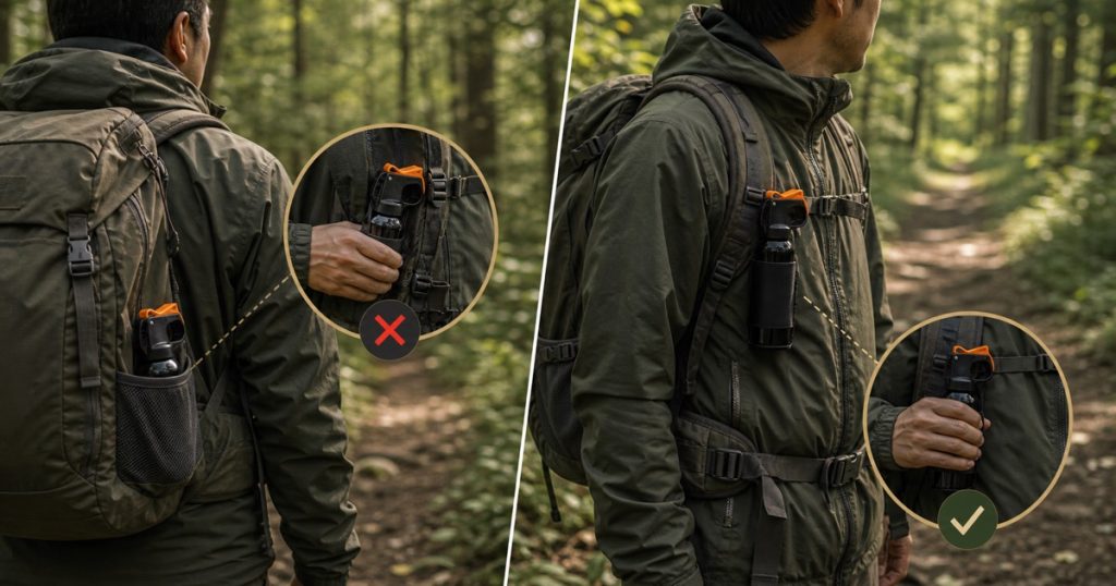 熊スプレーを持っていても危険な人の共通点の内容を表す、ヒグマと人の距離感を安全に描いたアイキャッチ画像