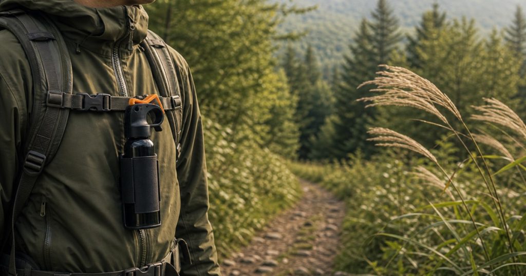 熊スプレーは何秒使える？距離・風向き・練習の重要性の内容を表す、ヒグマと人の距離感を安全に描いたアイキャッチ画像