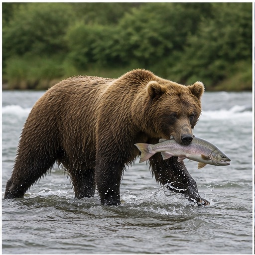 サケをくわえるアラスカ沿岸部の大型ヒグマ画像