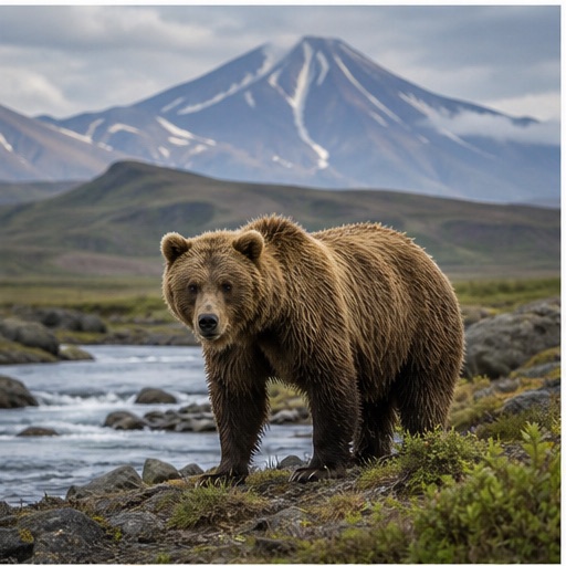 火山と川を背景にしたカムチャツカヒグマの比較画像