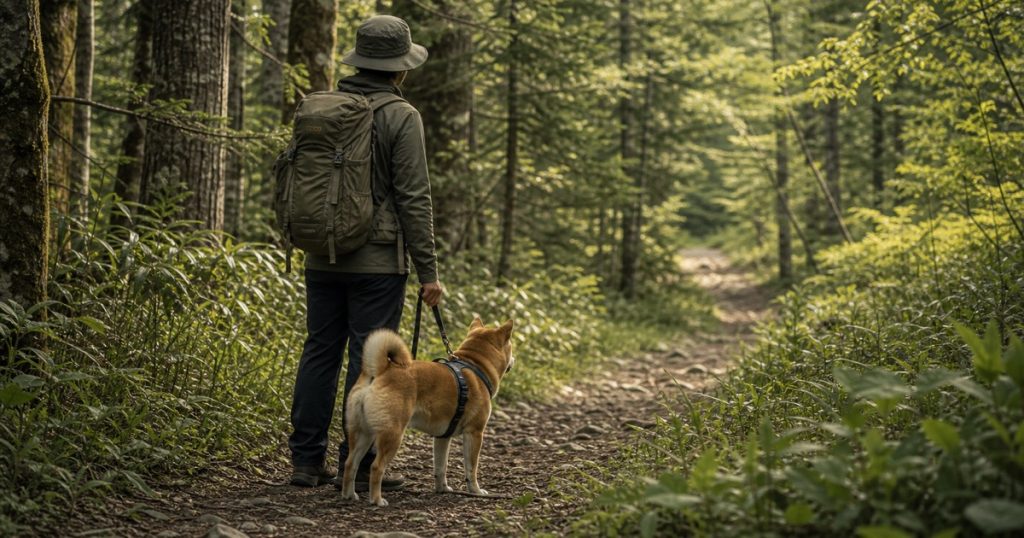犬連れ登山はクマ対策になる？逆に危険になる場面の内容を表す、ヒグマと人の距離感を安全に描いたアイキャッチ画像
