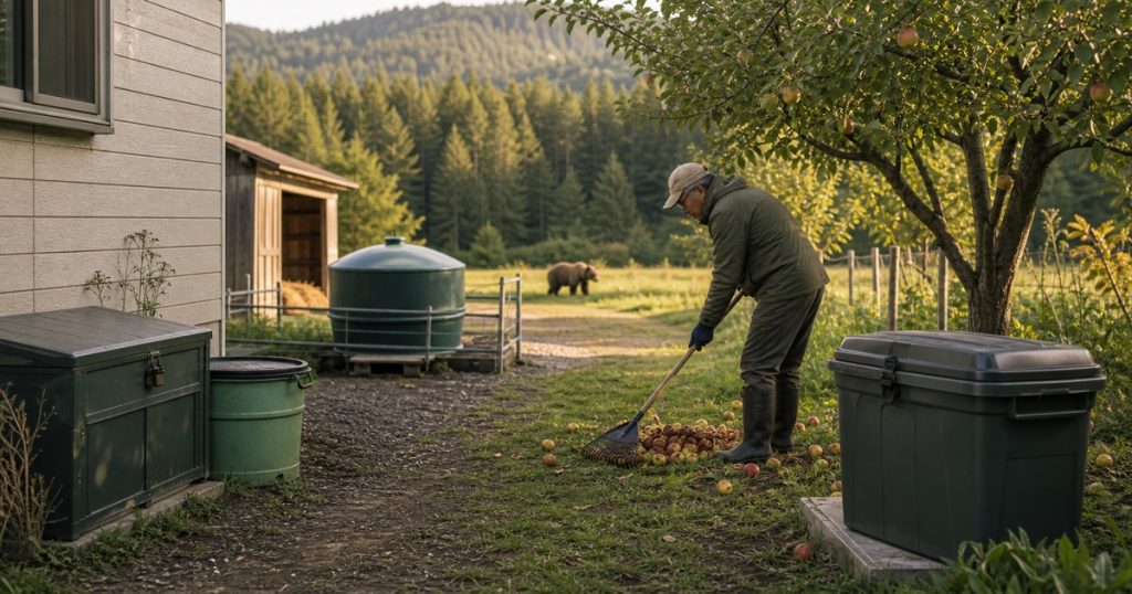 果樹・生ゴミ・飼料がヒグマを呼ぶ理由の内容を表す、ヒグマと人の距離感を安全に描いたアイキャッチ画像