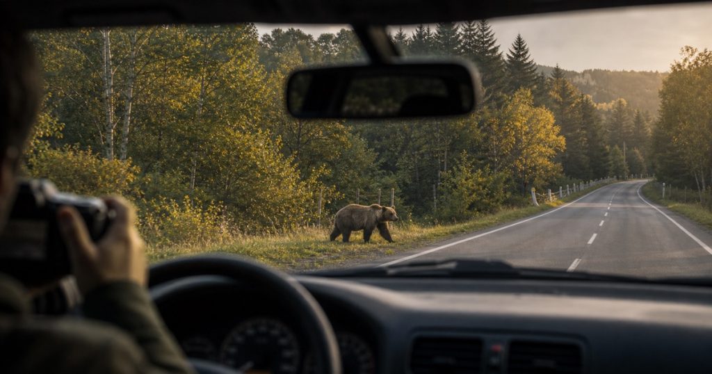 車からヒグマを撮影する危険｜降りない・近づかない理由の内容を表す、ヒグマと人の距離感を安全に描いたアイキャッチ画像