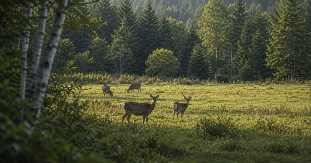 ヒグマとエゾシカの関係｜増加・捕食・地域被害をわかりやすくの内容を表す、ヒグマと人の距離感を安全に描いたアイキャッチ画像