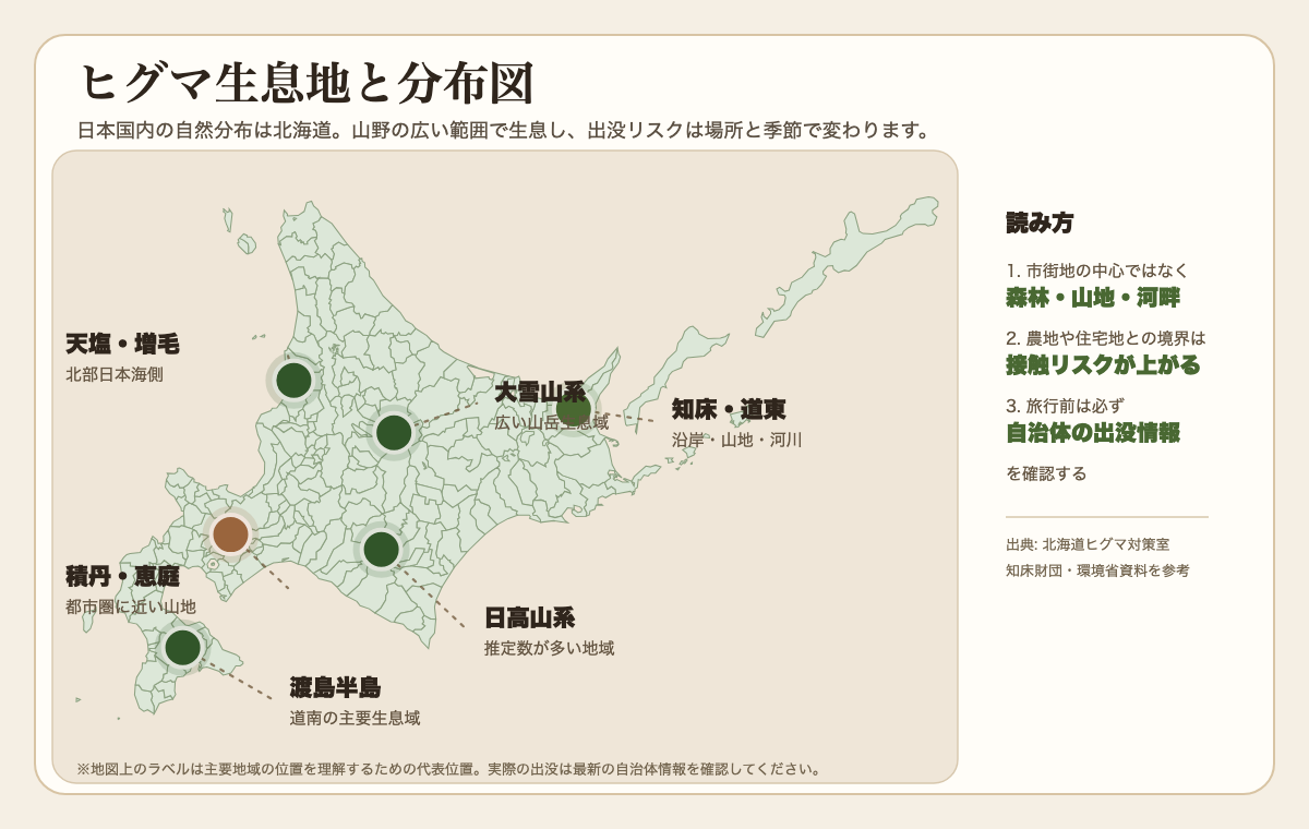 北海道のヒグマ生息地と主要地域を示す分布図