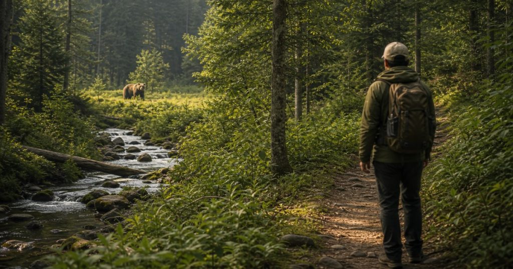 ヒグマは人間を食べ物だと思っている？誤解と本当のリスクの内容を表す、ヒグマと人の距離感を安全に描いたアイキャッチ画像
