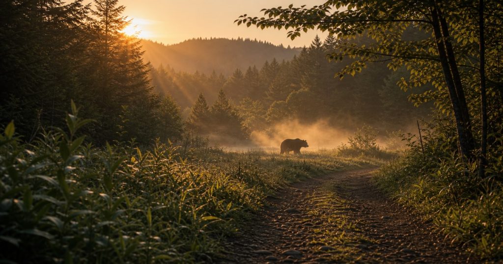 早朝と夕方にヒグマが動きやすい理由の内容を表す、ヒグマと人の距離感を安全に描いたアイキャッチ画像