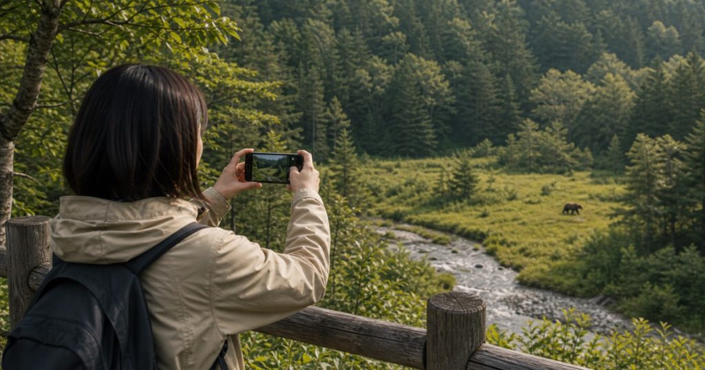 ヒグマ写真をSNSに上げる前に考えたいことの内容を表す、ヒグマと人の距離感を安全に描いたアイキャッチ画像