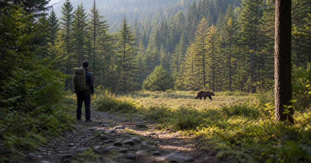ヒグマはどれくらい速い？人間が走って逃げられない理由の内容を表す、ヒグマと人の距離感を安全に描いたアイキャッチ画像