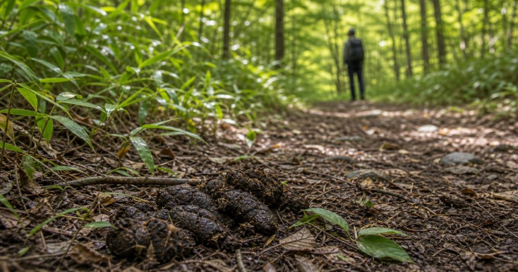 ヒグマのフンを見つけたら危険？新しい痕跡の見分け方の内容を表す、ヒグマと人の距離感を安全に描いたアイキャッチ画像