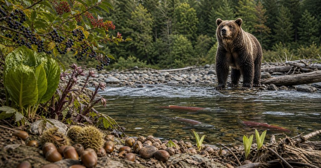 ヒグマは魚ばかり食べる？季節で変わる本当の食べ物の内容を表す、ヒグマと人の距離感を安全に描いたアイキャッチ画像