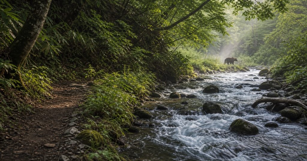 沢沿いでヒグマに注意すべき理由｜音・匂い・見通しの落とし穴の内容を表す、ヒグマと人の距離感を安全に描いたアイキャッチ画像