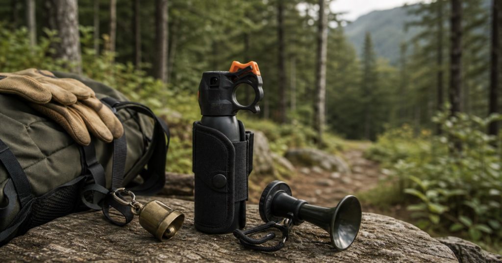 熊よけホーンと熊鈴と熊スプレーを山道で確認する装備アイキャッチ