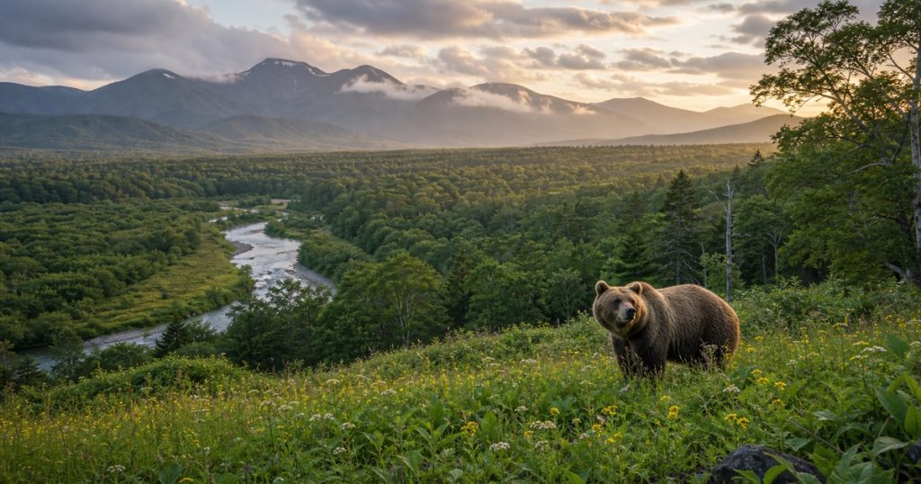 北海道の広い森林と河川環境に暮らすヒグマのアイキャッチ