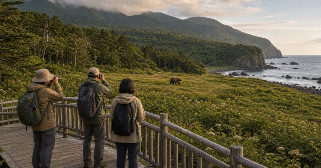 知床のヒグマルールから学ぶ、野生動物との距離の取り方の内容を表す、ヒグマと人の距離感を安全に描いたアイキャッチ画像