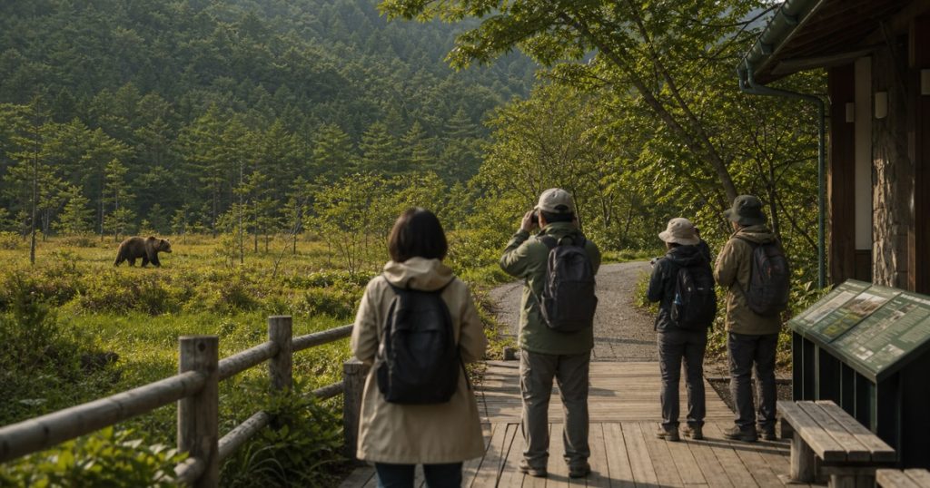 観光地でヒグマを見たらやってはいけないことの内容を表す、ヒグマと人の距離感を安全に描いたアイキャッチ画像