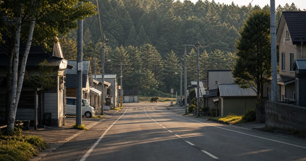 市街地に出たヒグマはなぜ危険なのか？戻れなくなる理由の内容を表す、ヒグマと人の距離感を安全に描いたアイキャッチ画像