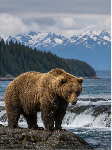 アラスカ沿岸部の水辺に立つ大型ヒグマの生息地画像