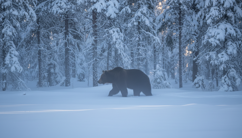 雪の中のヒグマ：冬場の行動と遭遇時の注意点